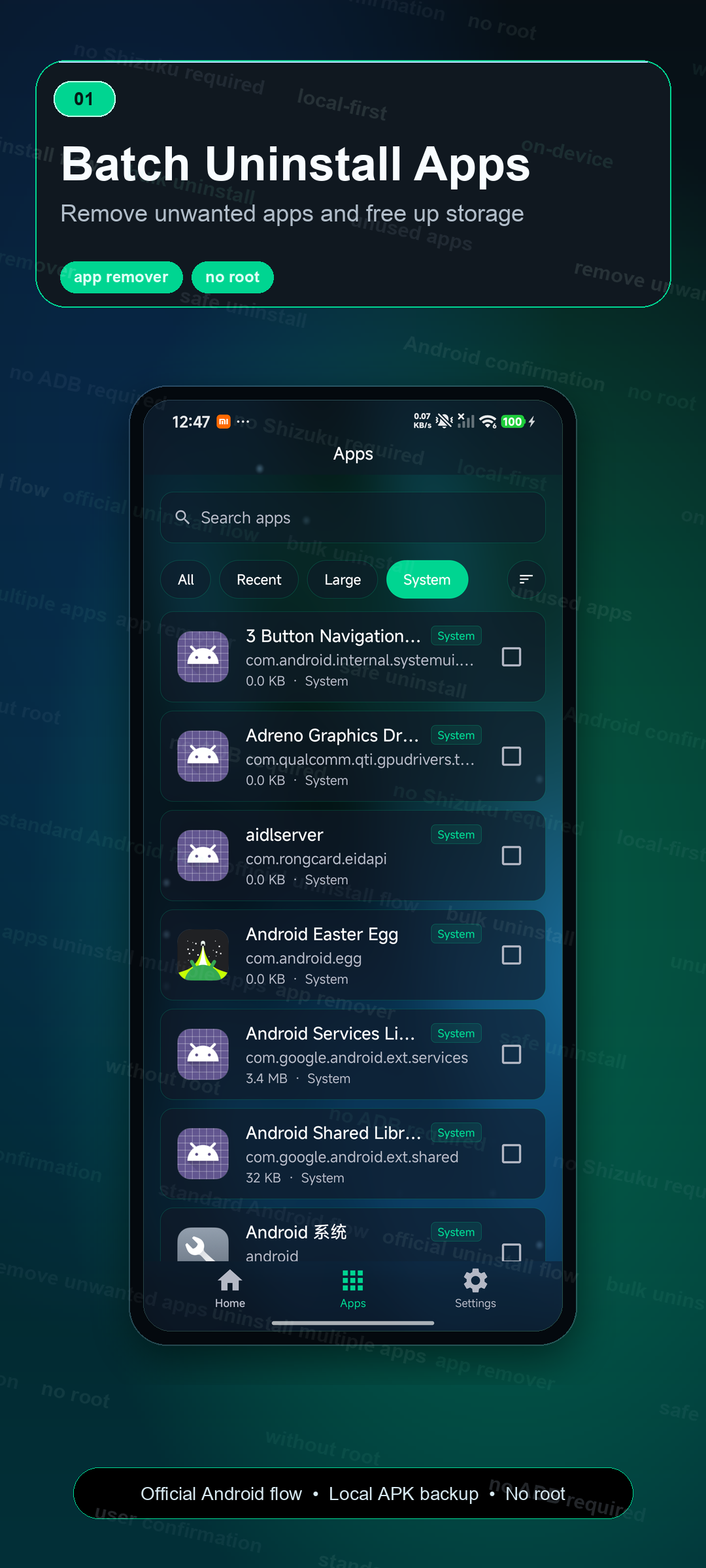 Uninstaller app list and batch uninstall screen