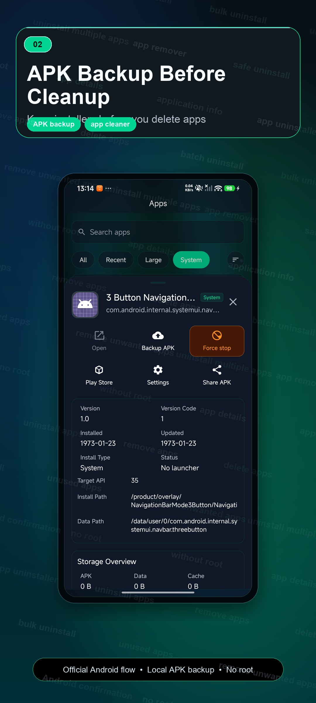 Uninstaller app details and app remover actions
