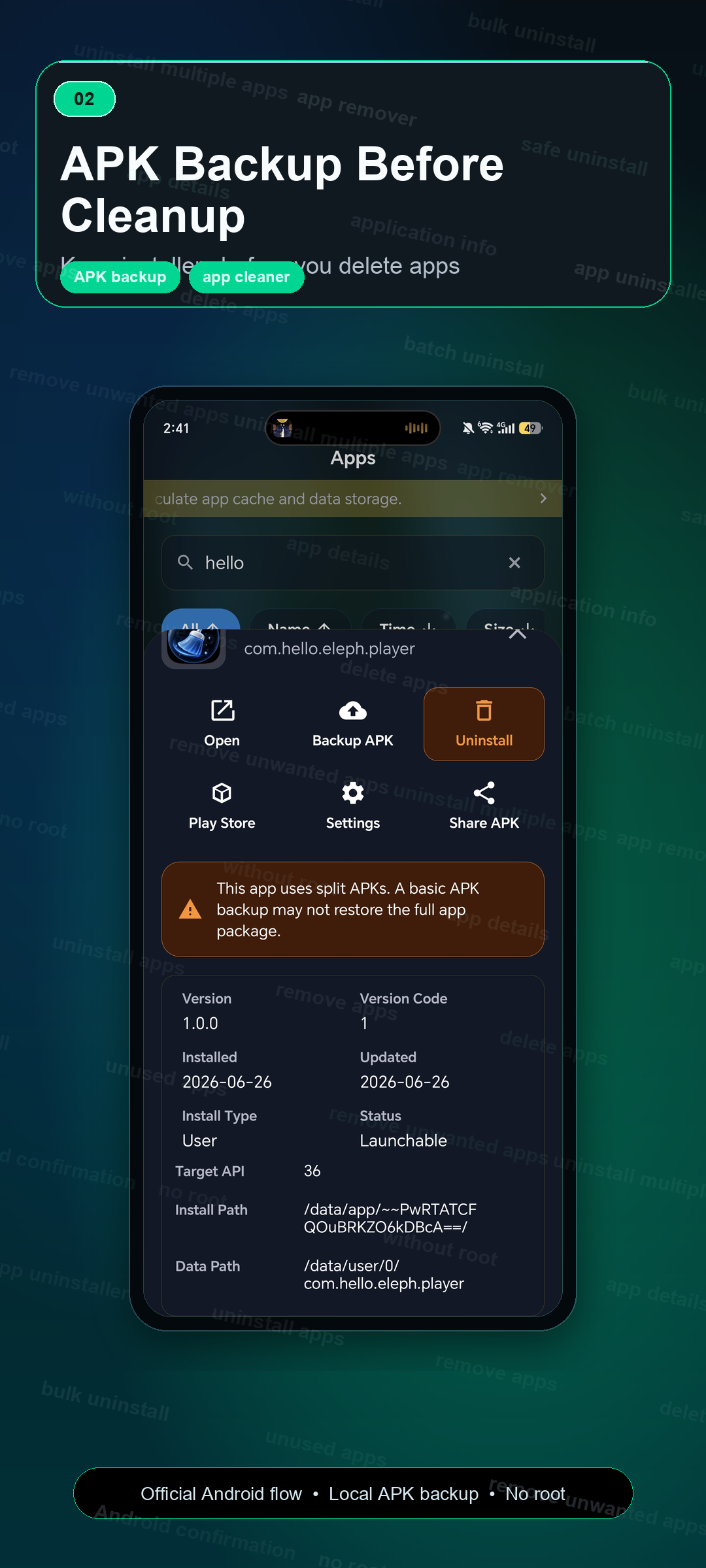 Uninstaller app details and app remover actions